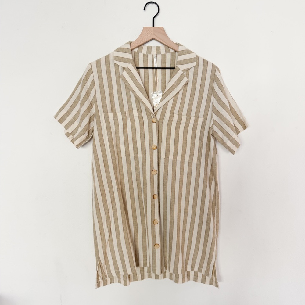 Rylee + Cru Beige and Cream Striped Mini Shirt Dress - Picture 3 of 4